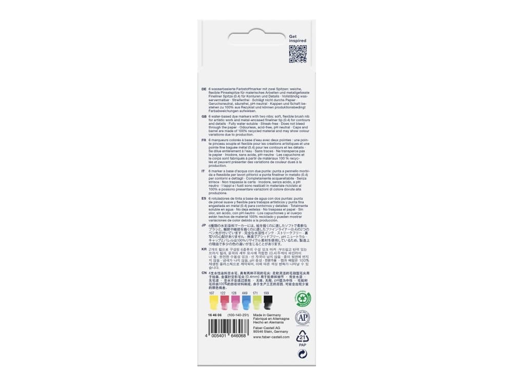 Faber-Castell 164606, 6 kpl, Monivärinen, Ohut pää, Monivärinen, Kierrätetty muovi, Vesipohjainen muste