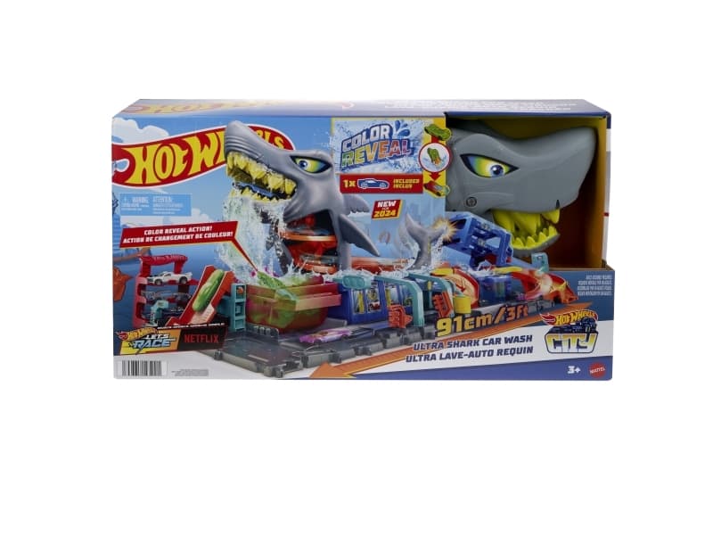 Hot Wheels City Ultra Shark Car Wash -lelupakkaus, Kilpa-ajoneuvo ja ratasetti, 3 vuosi/vuosia, Muovi, Monivärinen