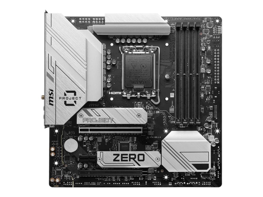 MSI B760M PROJECT ZERO - Emolevy - micro-ATX - LGA1700-asennuspaikka - B760-piirisarja - USB 3.2 Gen 1, USB 3.2 Gen 2, USB-C 3.2 Gen2, USB-C 3.2 Gen 2x2 - 2.5 Gigabit LAN, Bluetooth, Wi-Fi - sisäinen grafiikka (vaatii prosessorin) - HD-äänentoisto (8 kanavaa)