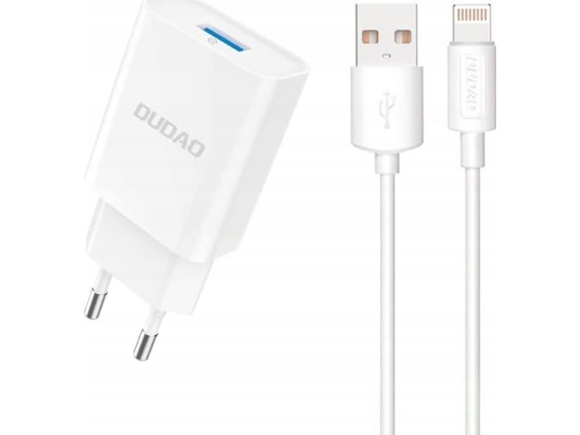 Dudao A4EU USB-A 2.1A verkkovirtalaturi - valkoinen + USB-A - Lightning-kaapeli