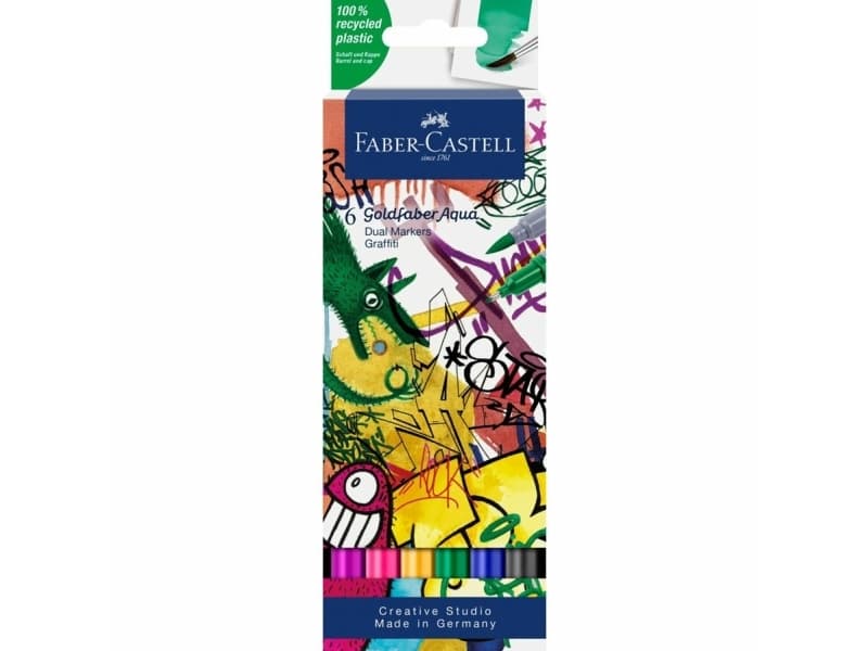 Faber-Castell Goldfaber Aqua Dual, musta, Sininen, Vihreä, Vaalea pinkki, Purppura, Keltainen, Harmaa, Hienojakoinen, Kierrätetty muovi, Pyöreä, Vesipohjainen muste
