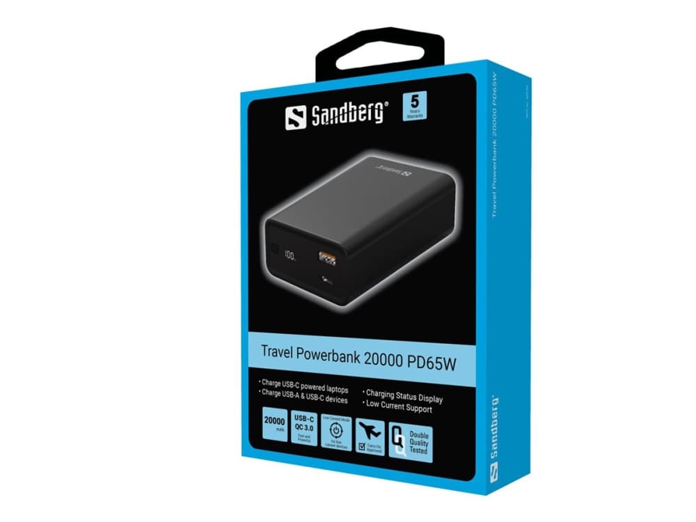Sandberg Travel Powerbank 20000 PD65W, 20000 mAh, Litiumioni (Li-Ion), Power Delivery, musta