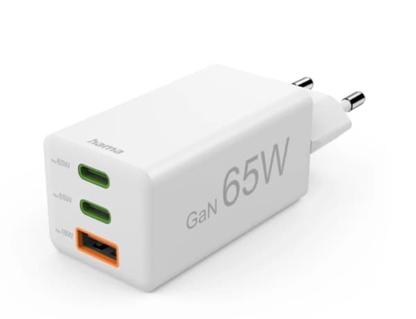 Hama mini GaN 65W PD/QC 2x USB-C, 1x USB-A biała biała