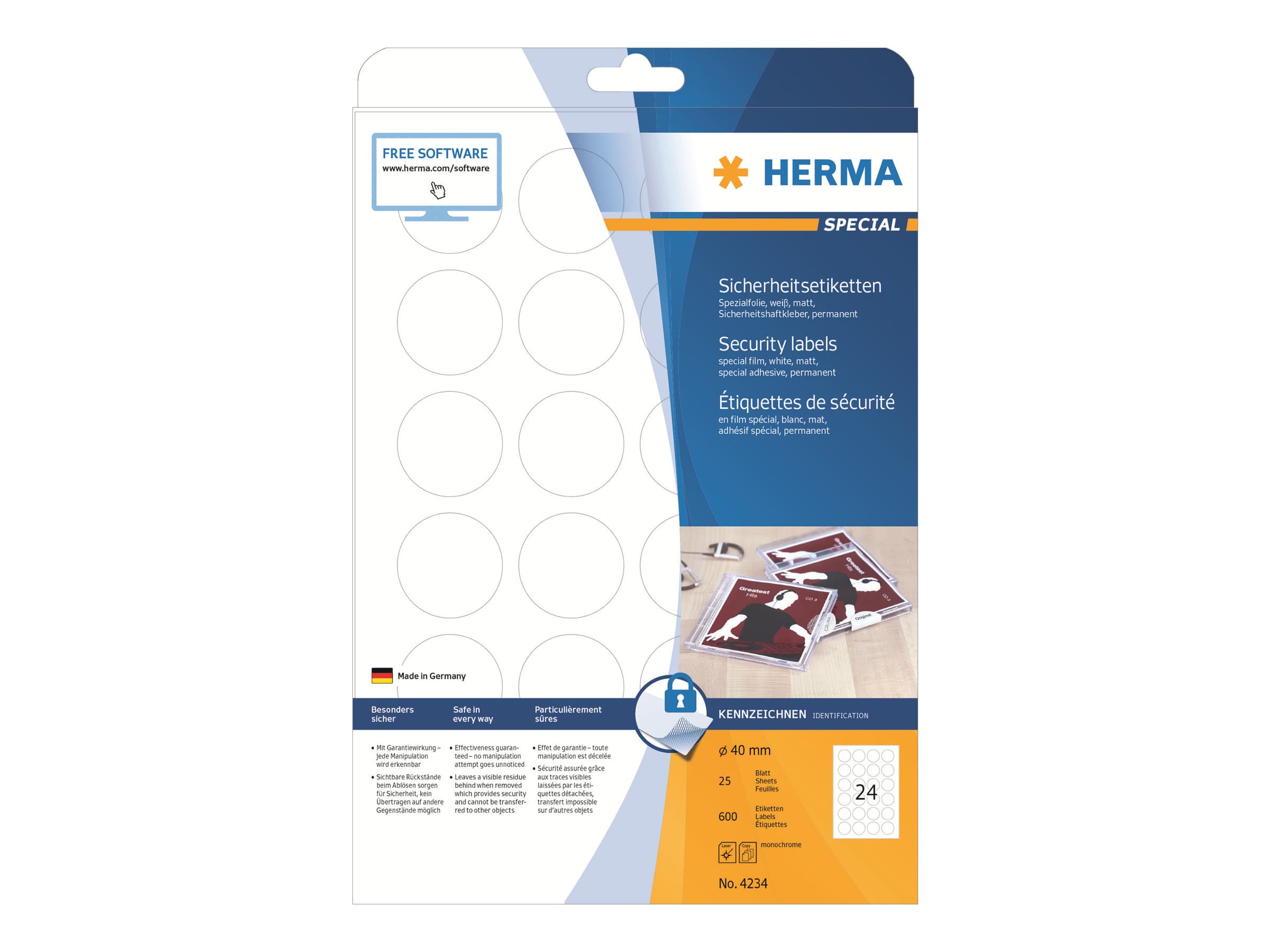 HERMA 4234, Valkoinen, Itse kiinnittyvä tulostintarra, A4, Laser, Kiinteä, Matta