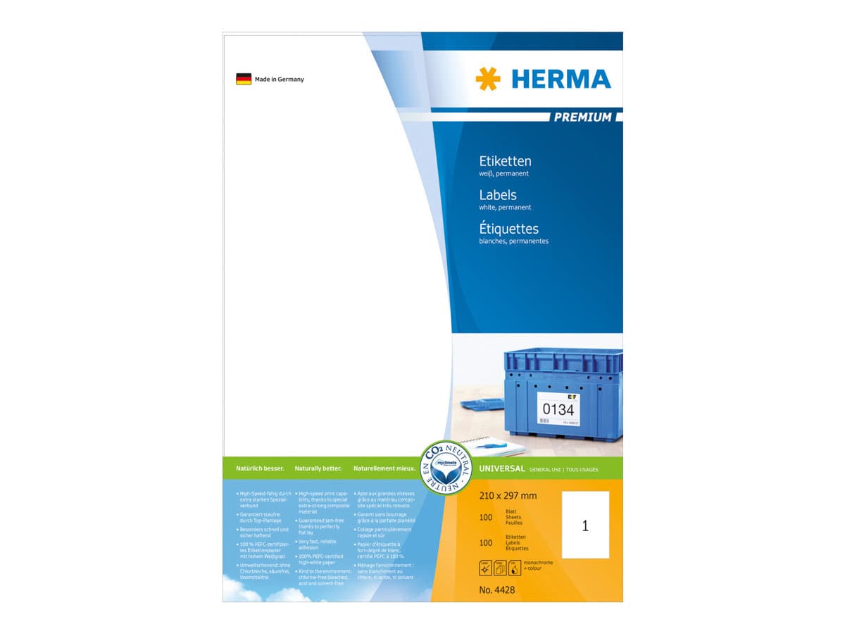 HERMA 4428, Valkoinen, Itse kiinnittyvä tulostintarra, A4, Paperi, Laser/Inkjet, Kiinteä