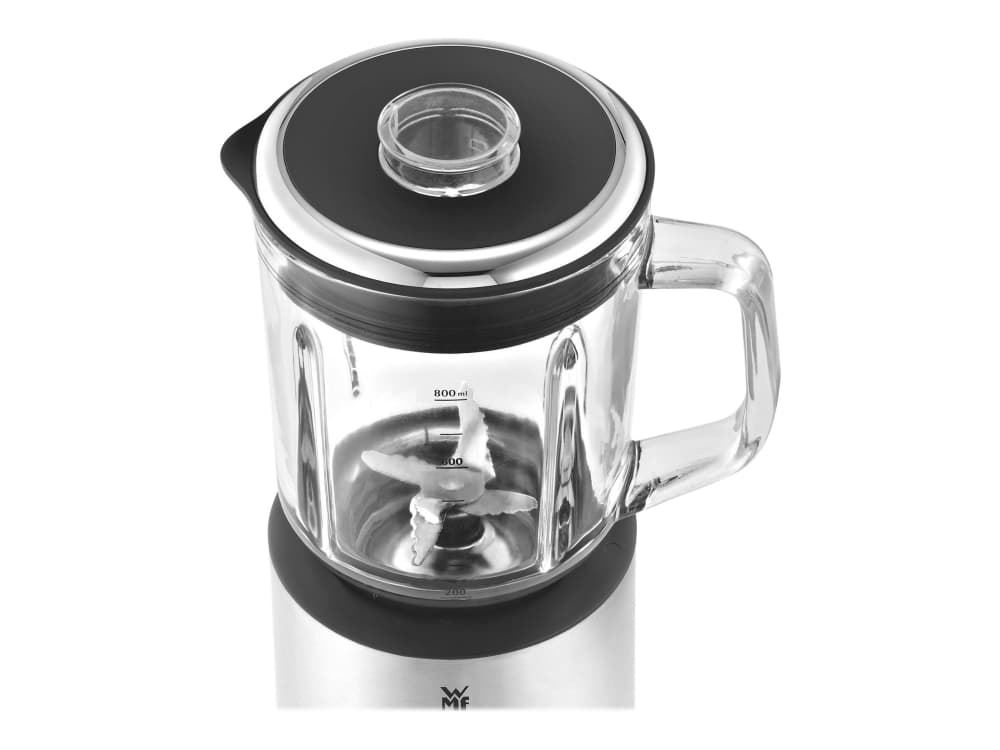 WMF KITCHENminis 0416490011, Pöydällä pidettävä tehosekoitin, 0,8 L, Syke-toiminto, 400 W, Musta, Ruostumaton teräs, Läpinäkyvä