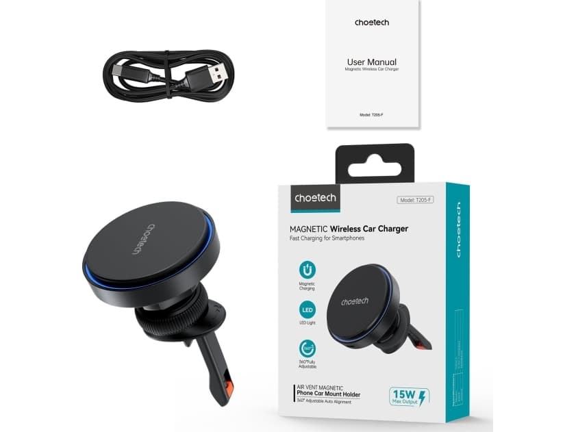 Choetech Magneettinen pidike 15 W induktiivisella laturilla tuulilasin säleikköön - musta Magneettinen pidike 15 W induktiivisella laturilla tuulilasin säleikköön - musta