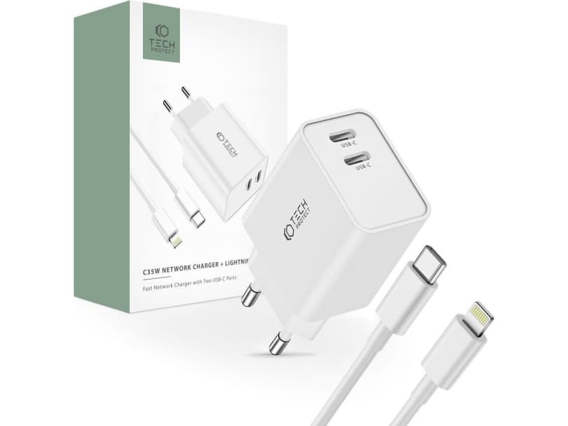 Ladowarka Tech-Protect TECH-PROTECT C35W 2-PORT NETWORK CHARGER PD35W + LIGHTNING CABLE WHITE