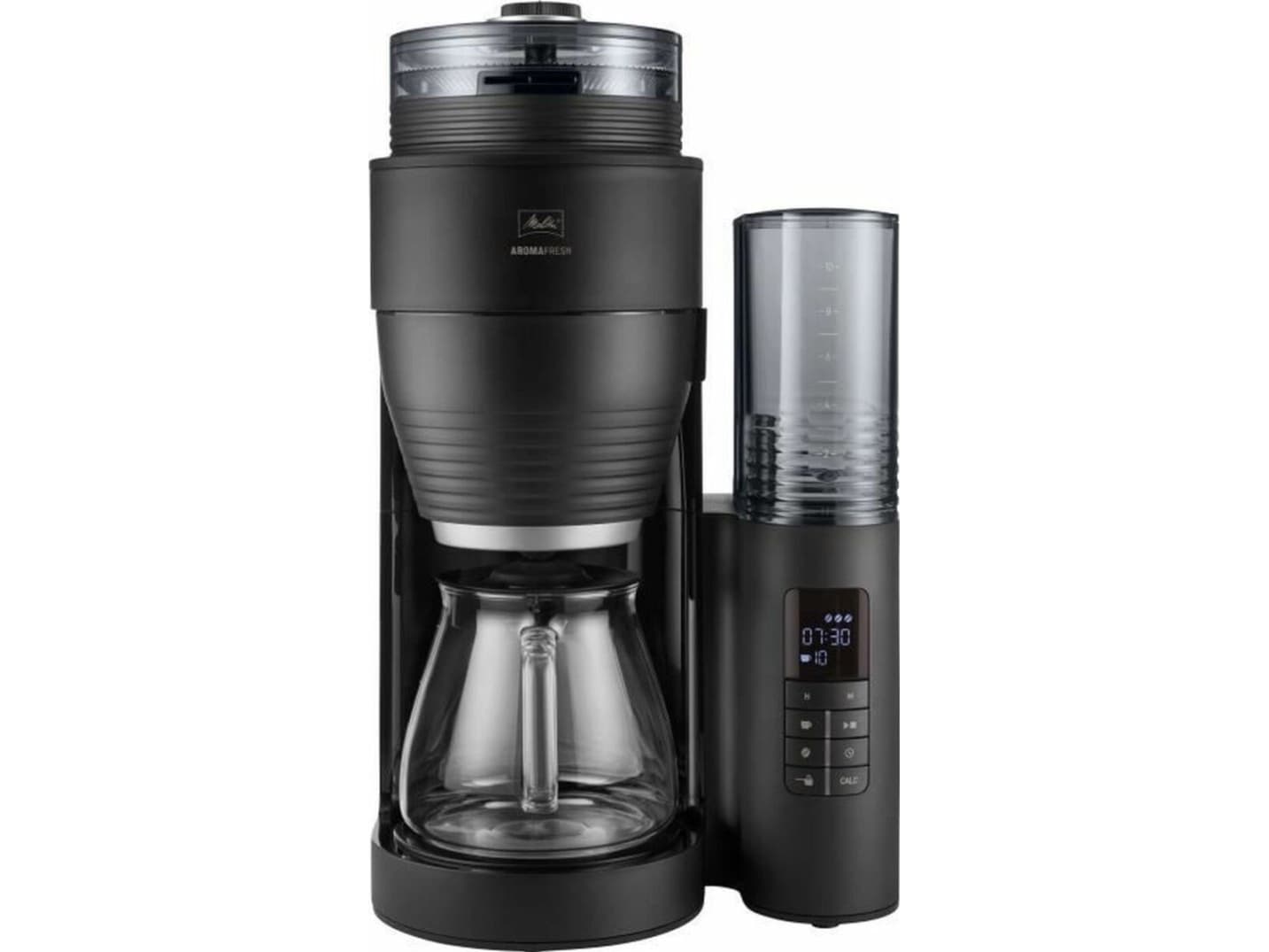 Melitta AromaFresh X, Suodatinkahvinkeitin, 1,25 L, Kahvipavut, Sisäänrakennettu jauhin, 1080 W, Musta