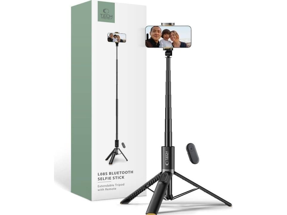 Tech-Protect L08S Bluetooth selfiekeppi kaukosäätimellä, jalusta jopa 141cm - musta