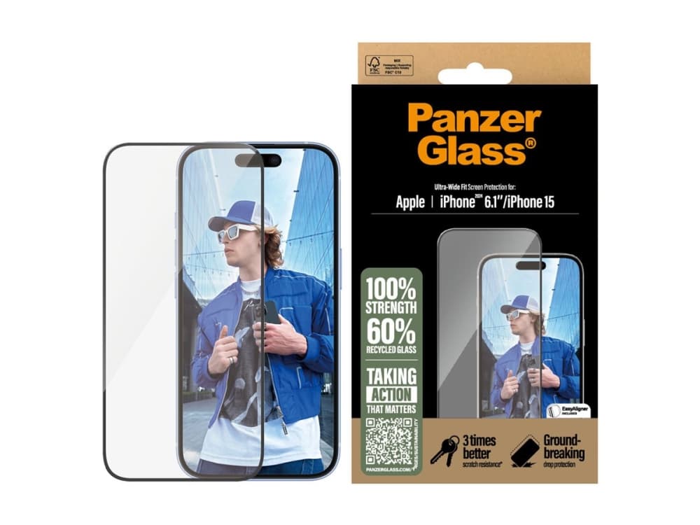 PanzerGlass ® Screen Protector iPhone 16 | 15 | Ultra-Wide Fit, Apple, Apple - iPhone 16, Apple - iPhone 15, Asennus kuivana, Naarmuuntumisenkestävä, Iskunkestävä, Läpinäkyvä, 1 kpl