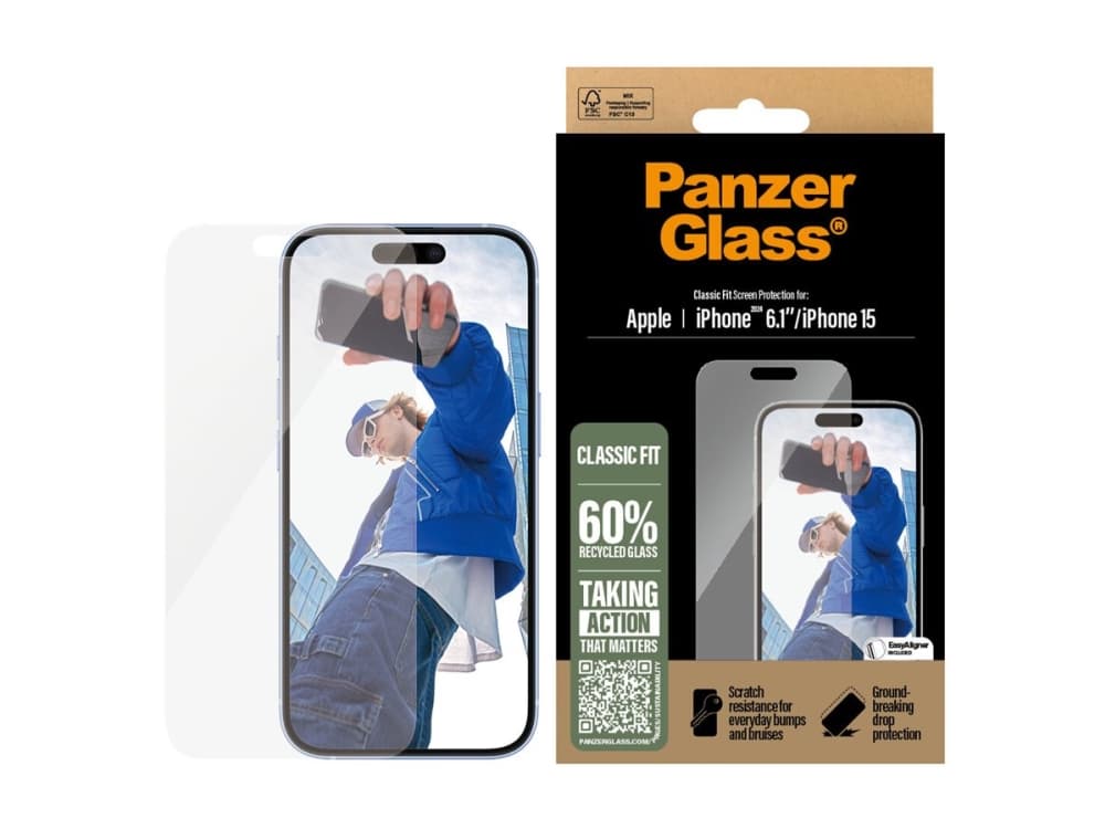 PanzerGlass ® Screen Protector iPhone 16 | 15 | Classic Fit, Apple, Apple - iPhone 16, Asennus kuivana, Naarmuuntumisenkestävä, Iskunkestävä, Läpinäkyvä, 1 kpl