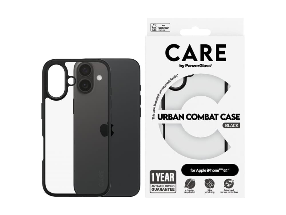 PanzerGlass CARE™ by ® Urban Combat Case Transparent w. Black Frame iPhone 16, Suojus, Apple, Apple - iPhone 16, Läpinäkyvä