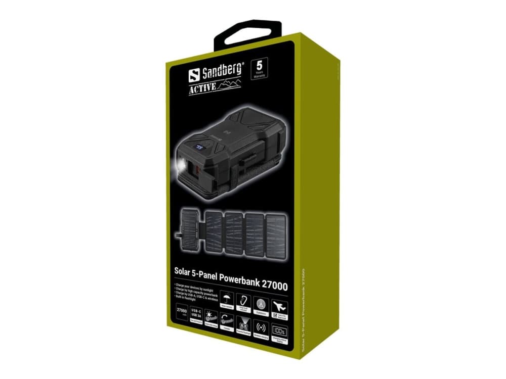 Sandberg Solar 5-Panel Powerbank 27000, 27000 mAh, ohjelmoitava virtalähde (PPS), langaton lataus, musta