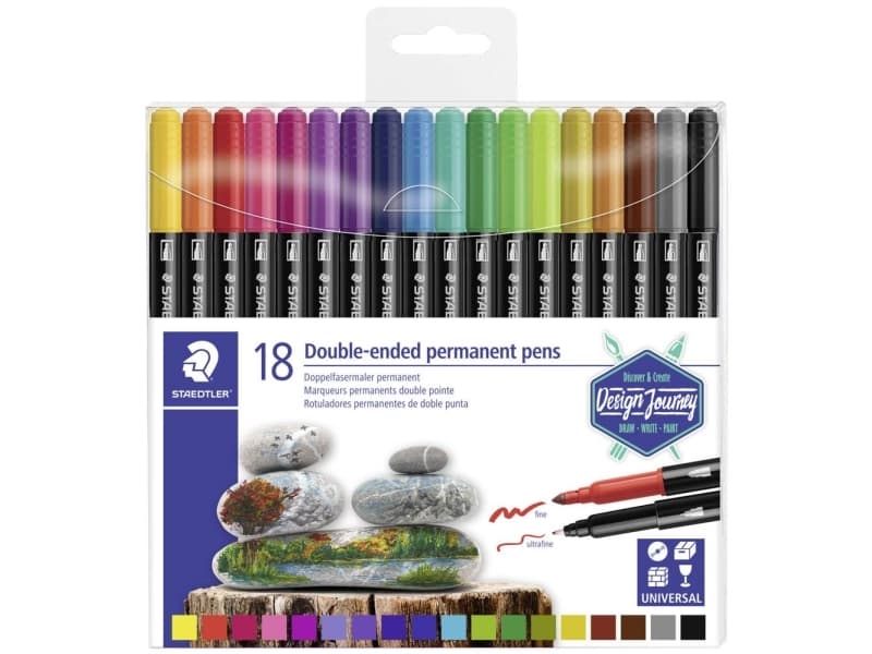 STAEDTLER Design Journey twin tip -kuitukärkikynät 18-osainen laatikko - monivärinen - 3 mm - 18 kpl - läpinäkyvä pakkaus