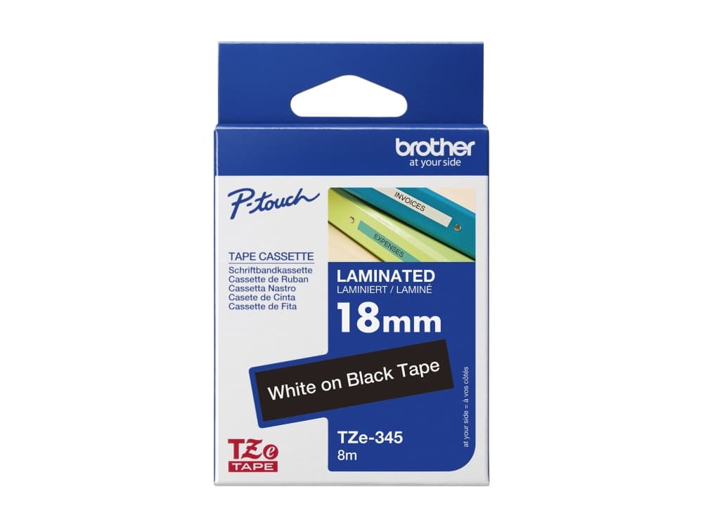 Brother TZe-345 - Standard klæbemiddel - hvid på sort - Rulle (1,8 cm x 8 m) 1 kassette(r) lamineret bånd - for Brother PT-D600 P-Touch PT-1880, D450, E550, E800, P900, P950 P-Touch Cube Plus PT-P710 P-Touch Cube Plus PT-P710