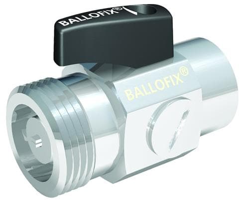 Broen Ballofix kuglehane 3/4" Nippel -1/2" Muffe med filter og kontraventil, med sort håndtag