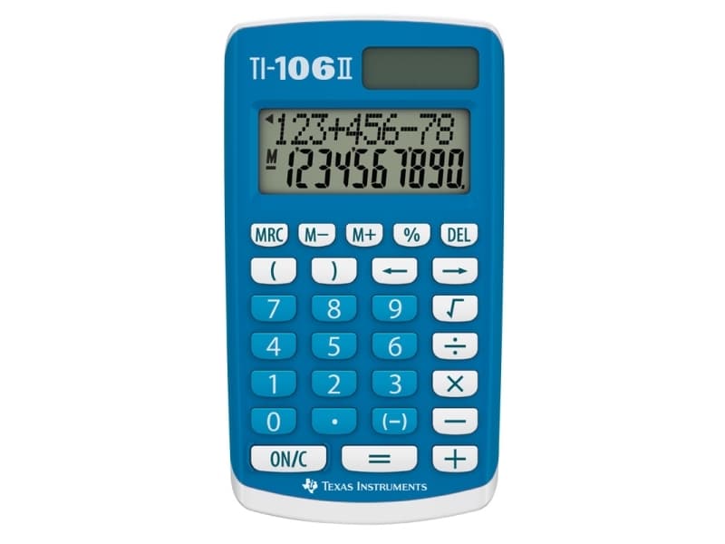 Texas Instruments TI 106-II, Tasku, Perus, 2 linjat, Akku/Aurinko, Sininen, Valkoinen