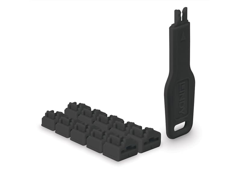 Lindy 47891, Portin lukitsin + avain, RJ-45, musta, Akryylinitriilibutadieenistyreeni (ABS), 10 kpl, Muovipussi