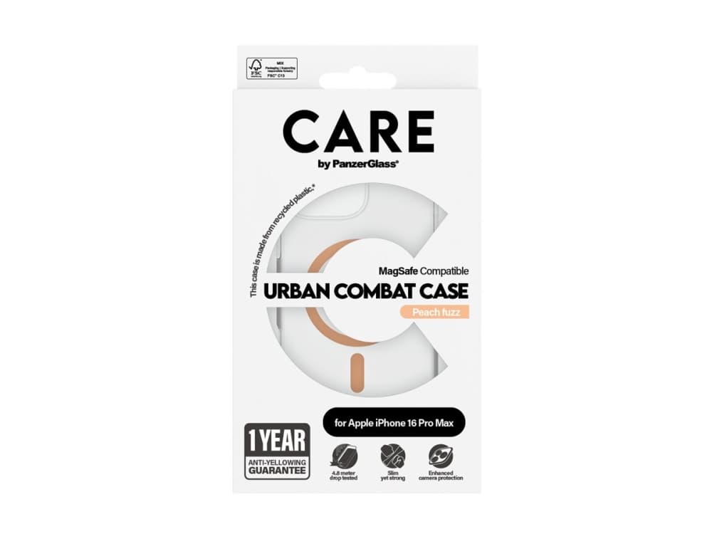 PanzerGlass CARE™ by ® Urban Combat Case Transparent w. Peachy MagSafe iPhone 16 Pro Max, Suojus, Apple, Apple - iPhone 16 Pro Max, Läpinäkyvä