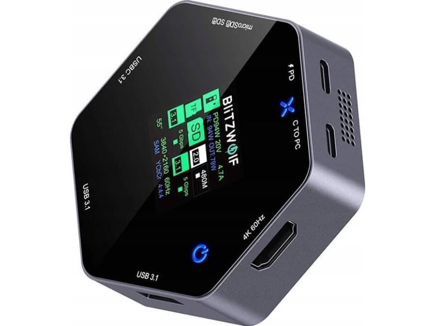 Blitzwolf telakointiasema/replikaattori 8in1 Blitzwolf BW-TH16 USB 100W LCD Smart Display USB-C 3.1, 2xUSB-A 3.1, USB-C PD 100W, HDMI 4K60hz, TF/SD 3.0, HD 4K@60hz