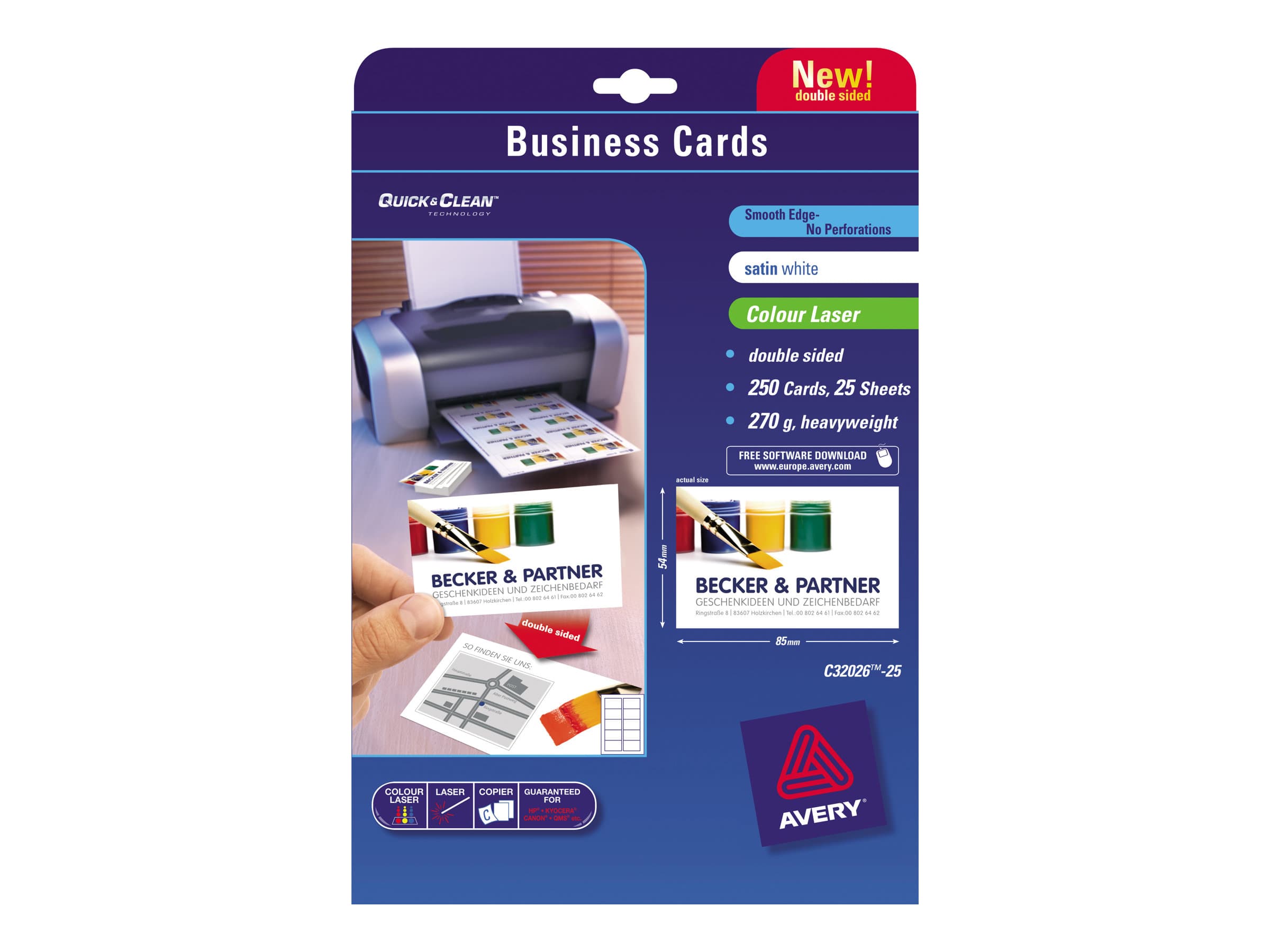 Avery C32026-25, Laser/Inkjet, Pahvi, Valkoinen, Satiini, 270 g/m², 250 arkkia