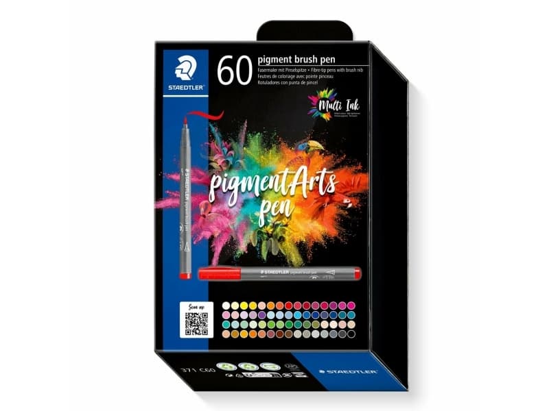 Staedtler Pigment Arts Pen, 60 väriä, Monivärinen, Harjaspää, Pyöreä, Kierrätetty muovi, Vesipohjainen muste