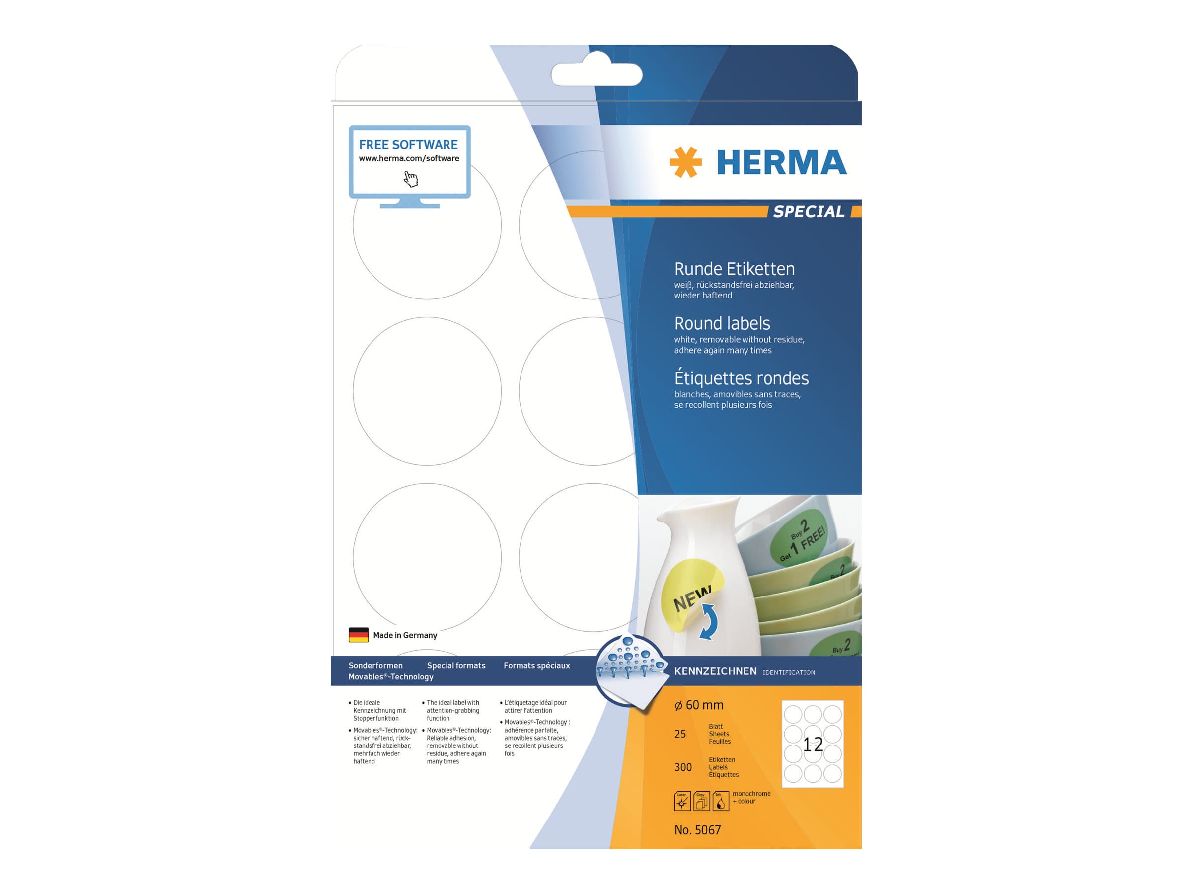 HERMA 5067, Valkoinen, Itse kiinnittyvä tulostintarra, A4, Paperi, Laser/Inkjet, Irroitettava