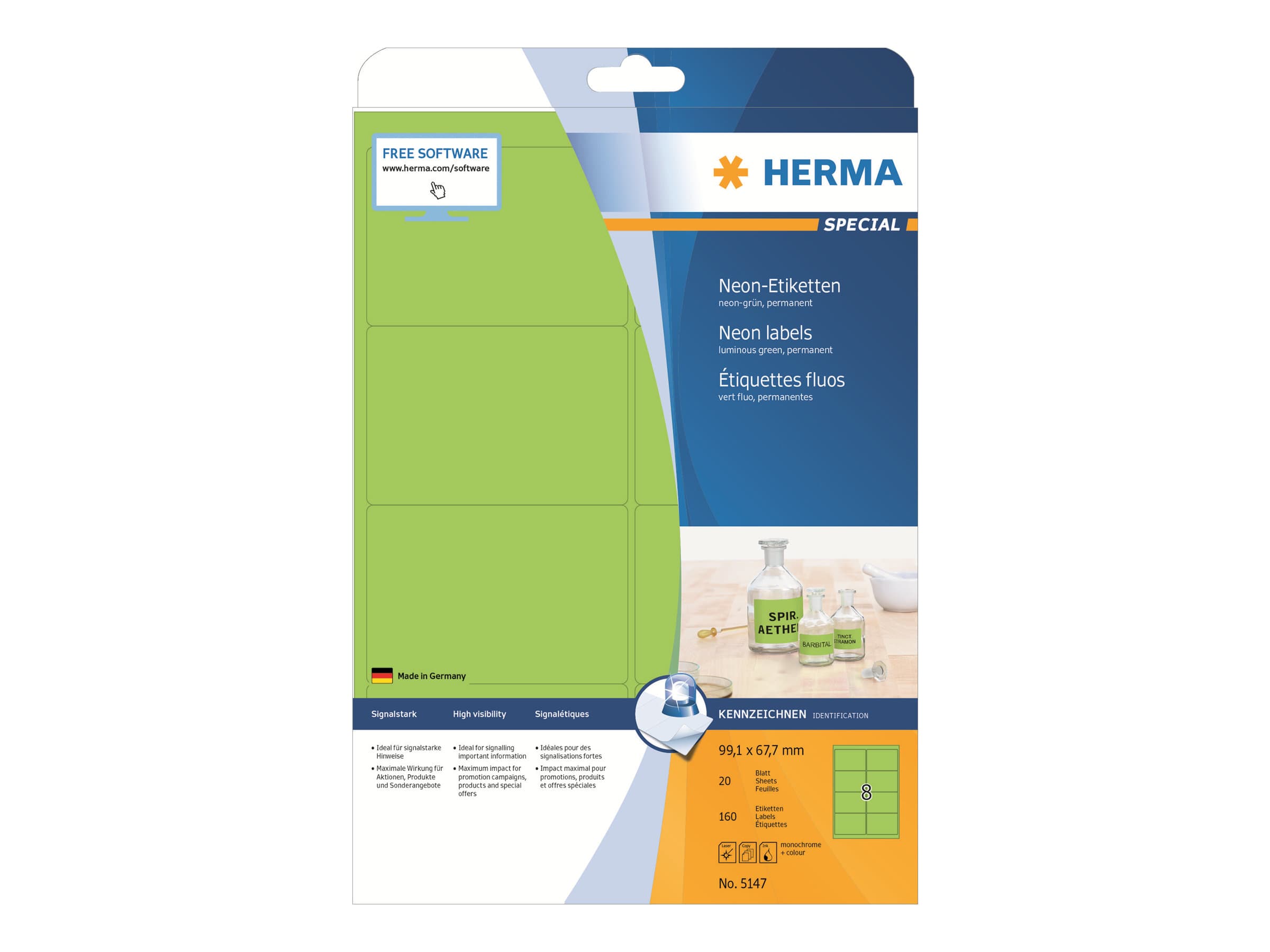 HERMA 5147, Vihreä, Pyöristetty suorakulmio, Kiinteä, Paperi, Matta, Laser/Inkjet