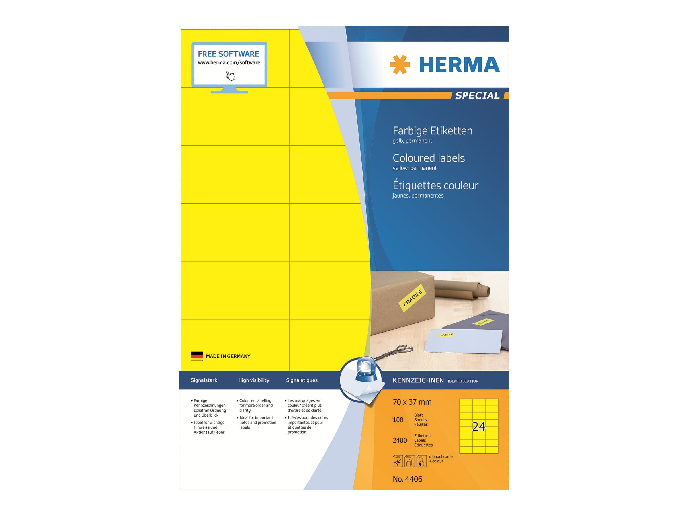 HERMA 4406, Keltainen, Suorakulmio, Kiinteä, Paperi, Matta, Laser/Inkjet