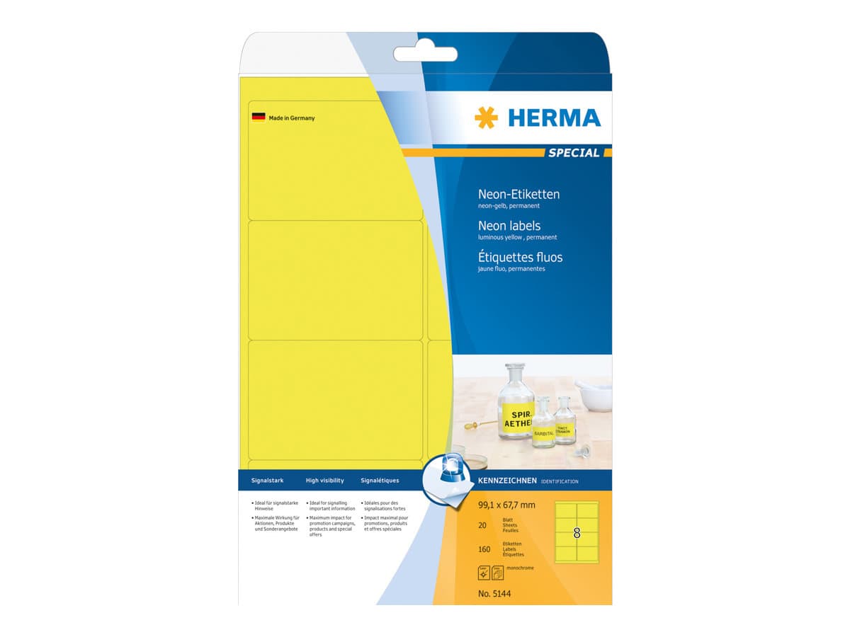 HERMA 5144, Keltainen, Pyöristetty suorakulmio, Kiinteä, Paperi, Matta, Laser/Inkjet