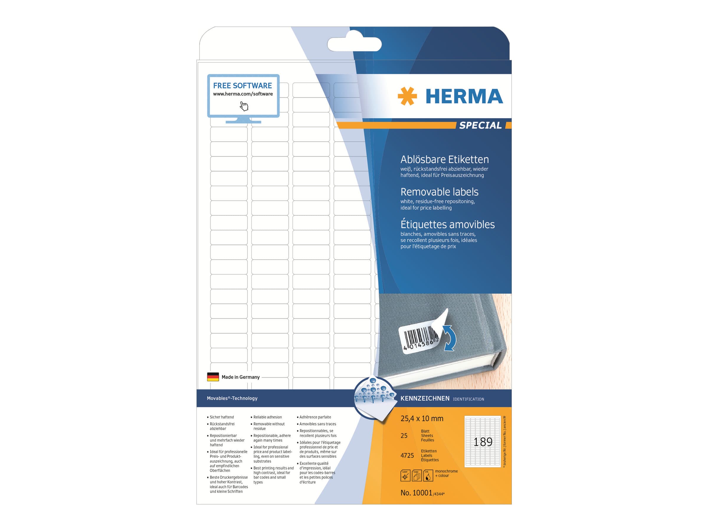 HERMA 10001, Valkoinen, Itse kiinnittyvä tulostintarra, A4, Paperi, Laser/Inkjet, Irroitettava