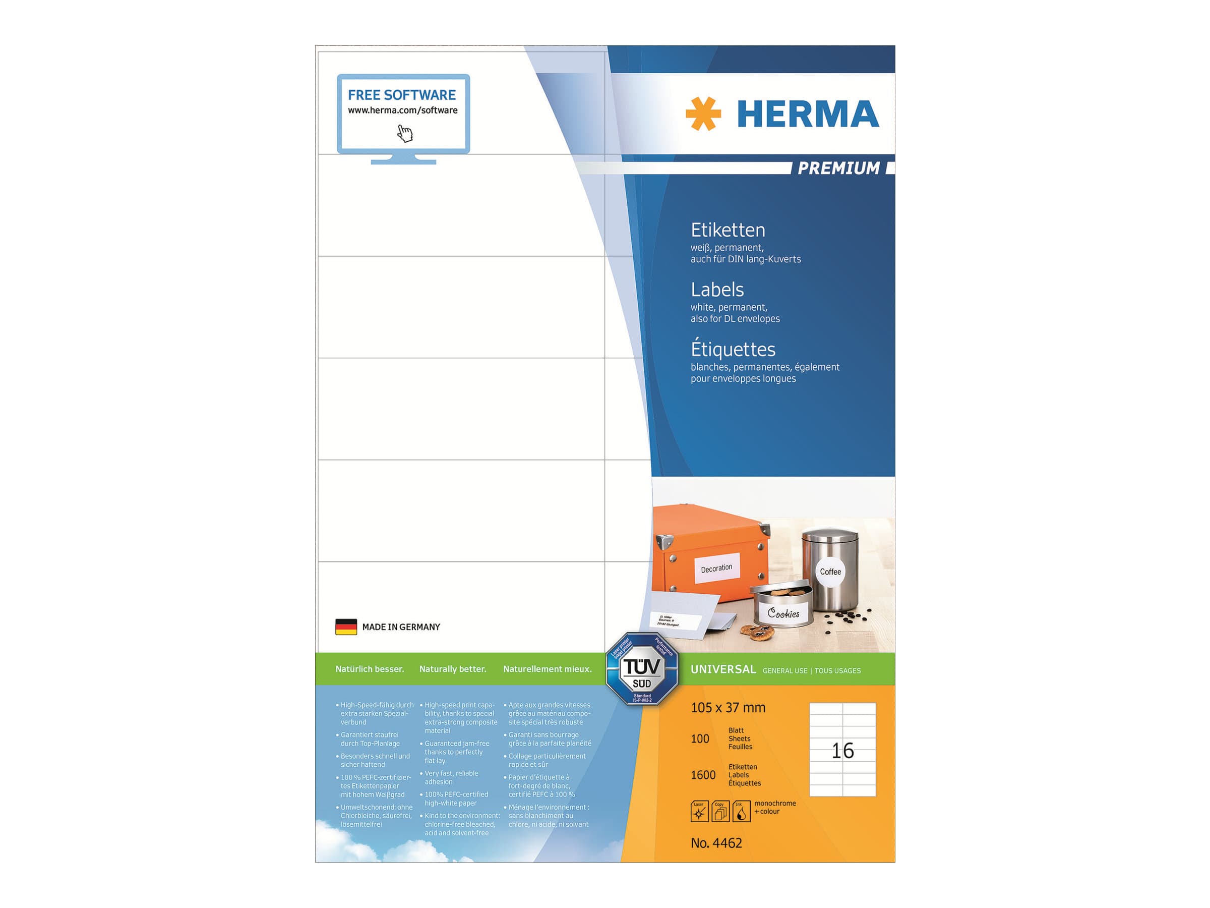 HERMA 4462, Valkoinen, Itse kiinnittyvä tulostintarra, A4, Paperi, Laser/Inkjet, Kiinteä