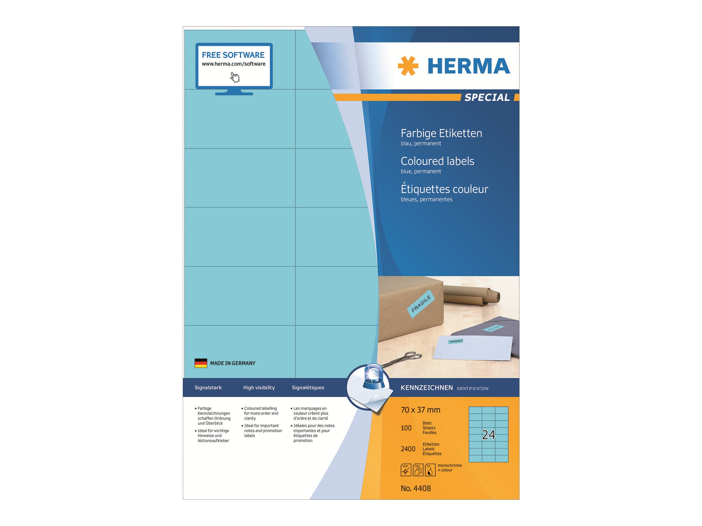 HERMA 4408, Sininen, Suorakulmio, Kiinteä, Paperi, Matta, Laser/Inkjet