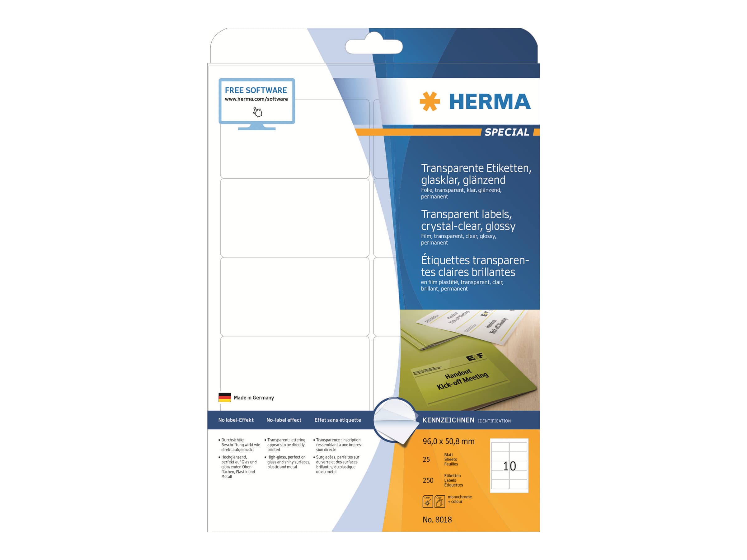 HERMA 8018, Läpinäkyvä, Itse kiinnittyvä tulostintarra, A4, Laser, Kiinteä, Kiilto