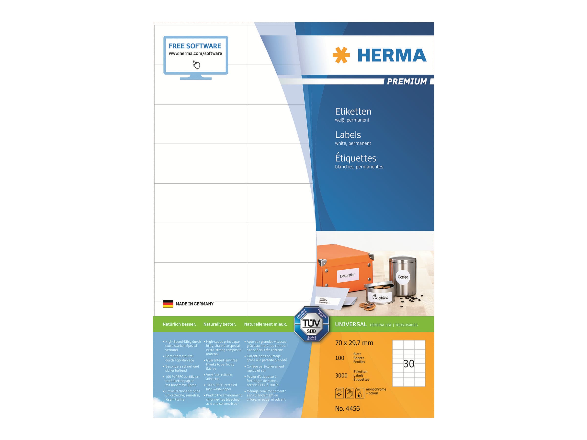 HERMA 4456, Valkoinen, Suorakulmio, Kiinteä, Paperi, Matta, Laser/Inkjet