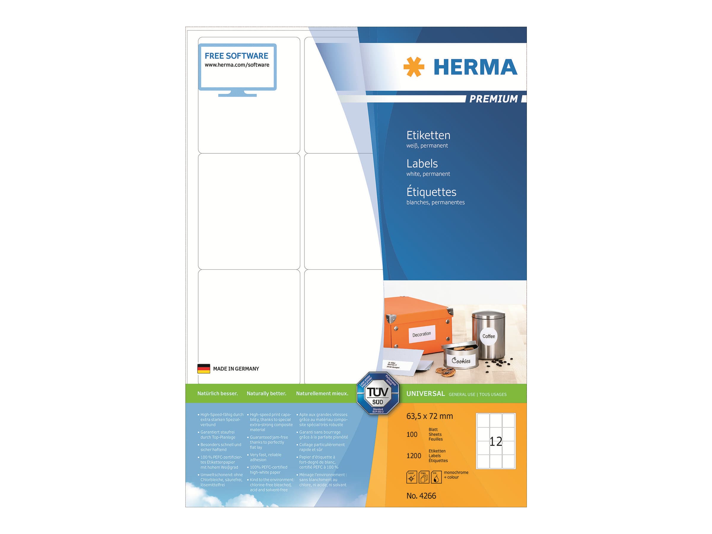 HERMA 4266, Valkoinen, Itse kiinnittyvä tulostintarra, A4, Paperi, Laser/Inkjet, Kiinteä