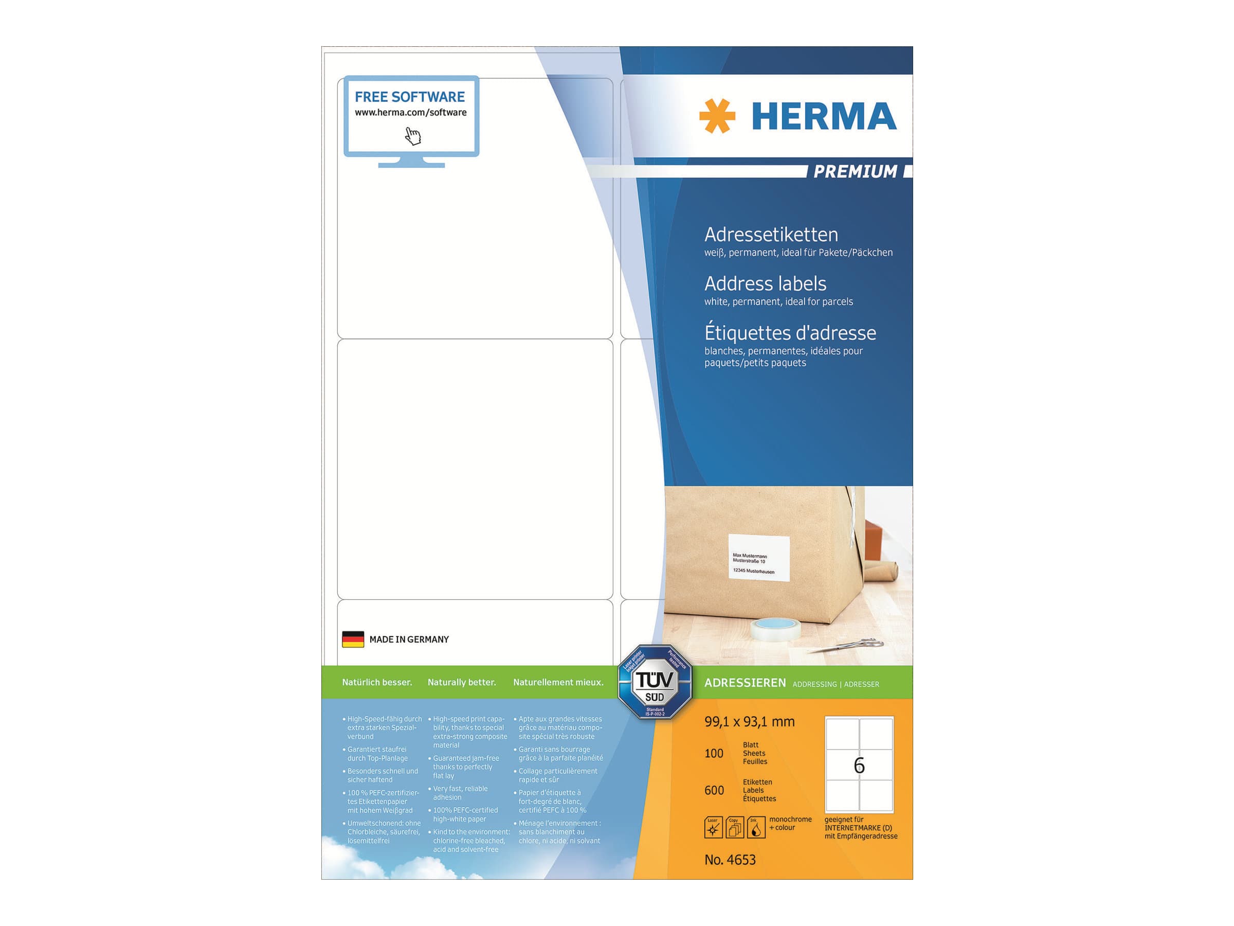 HERMA 4653, Valkoinen, Paperi, Laser/Inkjet, Matta, Kiinteä, Pyöristetty suorakulmio