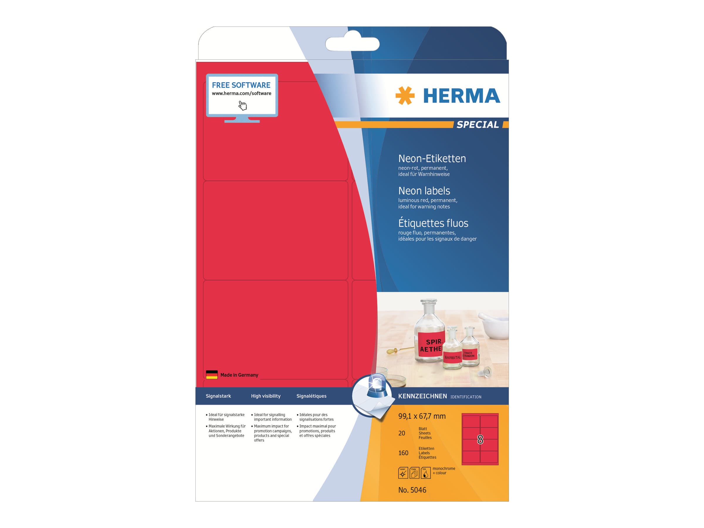 HERMA 5046, Punainen, Itse kiinnittyvä tulostintarra, A4, Paperi, Laser/Inkjet, Kiinteä