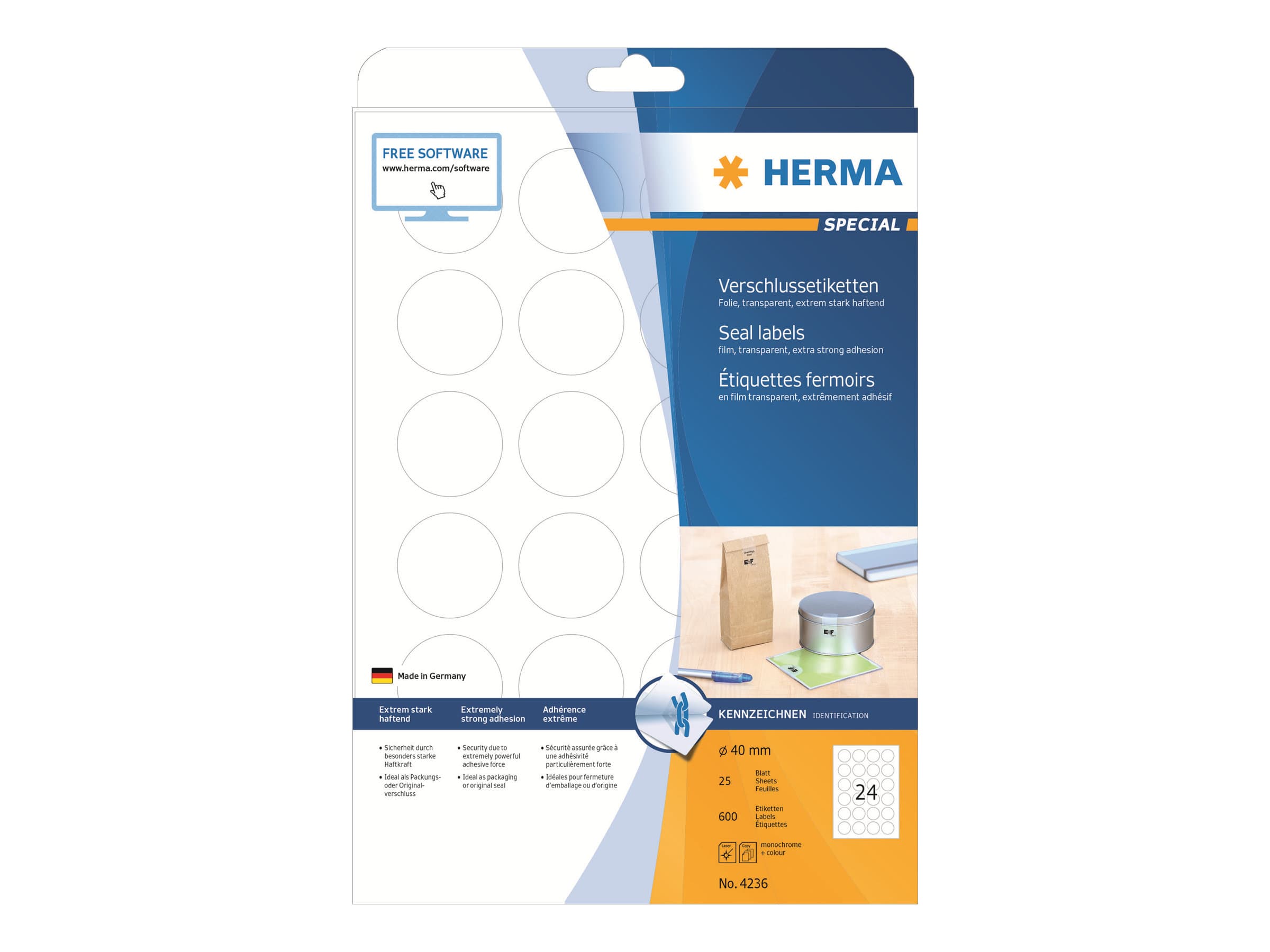 HERMA 4236, Läpinäkyvä, Ympyrä, Kiinteä, A4, Polyesteri, Matta
