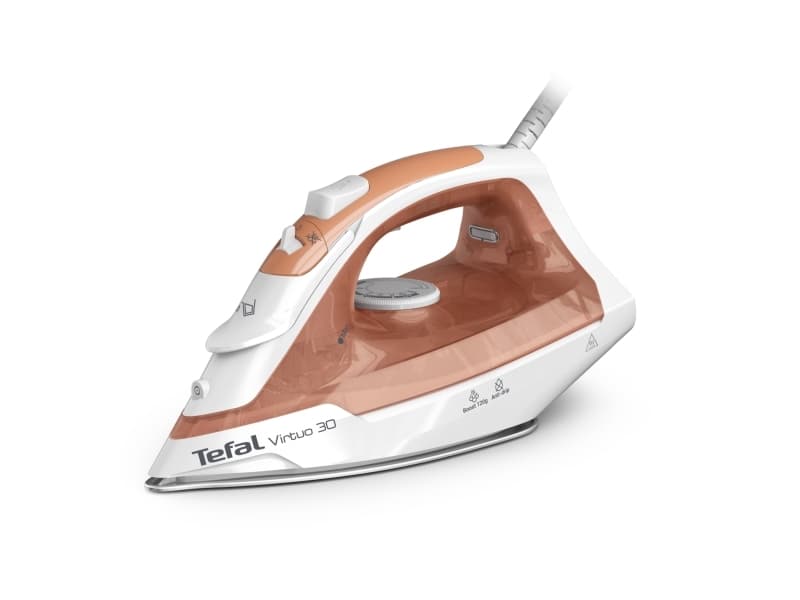 Tefal Virtuo 30 FV2C40E0, Kuiva- & höyrysilitysrauta, Keraaminen pohjalevy, 1,9 m, 120 g/min, Persikka, Valkoinen, 27 g/min