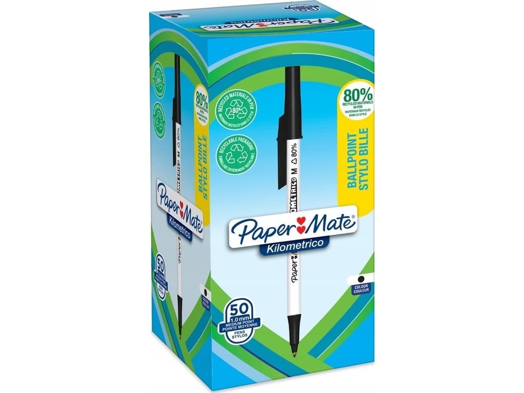 PAPER MATE kuulakärkikynä Kilometrico Reycled M musta 50 taittorasiaa