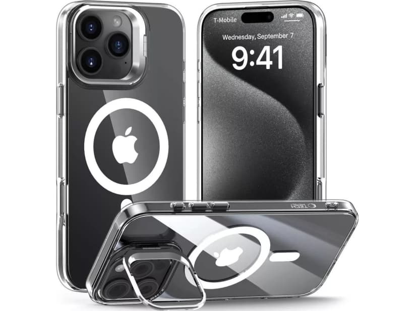 4kom.pl Kotelo iPhone 16 Pro MagStand MagSafe puhelimessa Kirkas