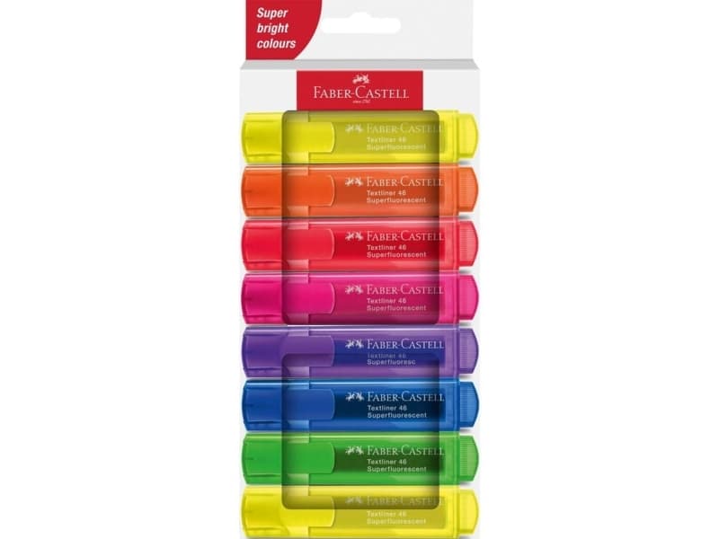Faber-Castell Textliner 46 Superfluorescent, 8 kpl, Monivärinen, Taltan pää, 1 mm, 5 mm, Vesipohjainen muste