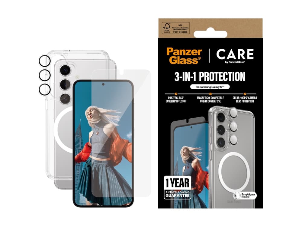 PanzerGlass ® | CARE by ® Flagship 3-in-1 Bundle Samsung Galaxy S25, Samsung, Samsung - Galaxy S25, Asennus kuivana, Naarmuuntumisenkestävä, Iskunkestävä, Läpinäkyvä, 1 kpl