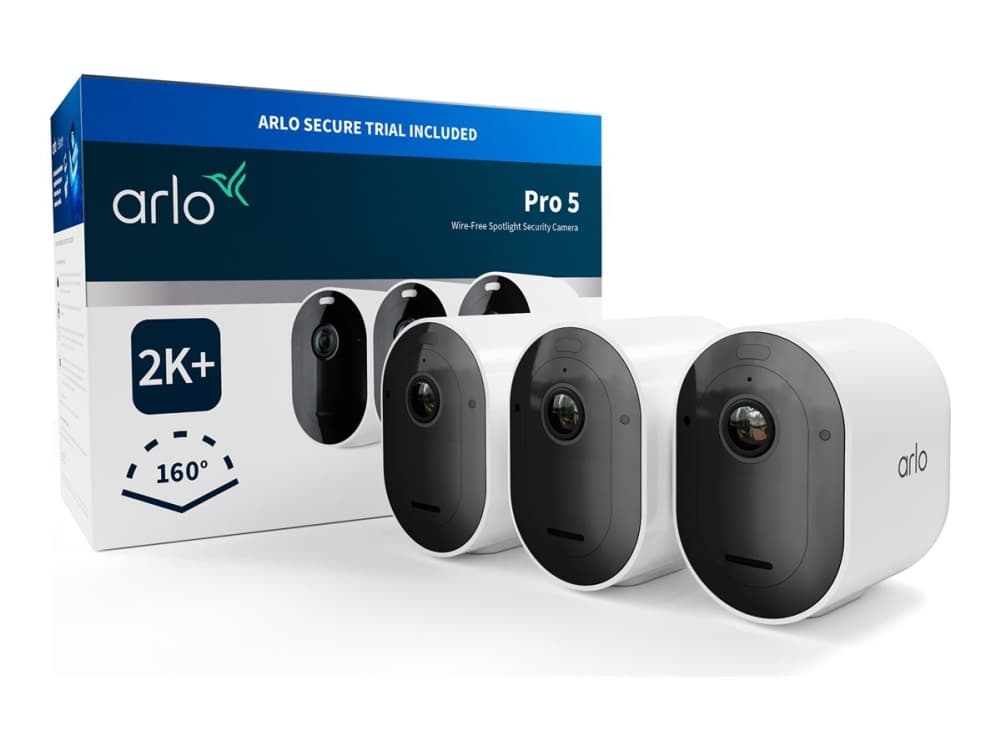 Arlo Pro 5 2K+ Ulko-valvontakamera, 3-pack, IP-turvakamera, Sisätila ja ulkotila, Langallinen & langaton, Katto/seinä, musta, Valkoinen, 1440 x 2560 pikseliä