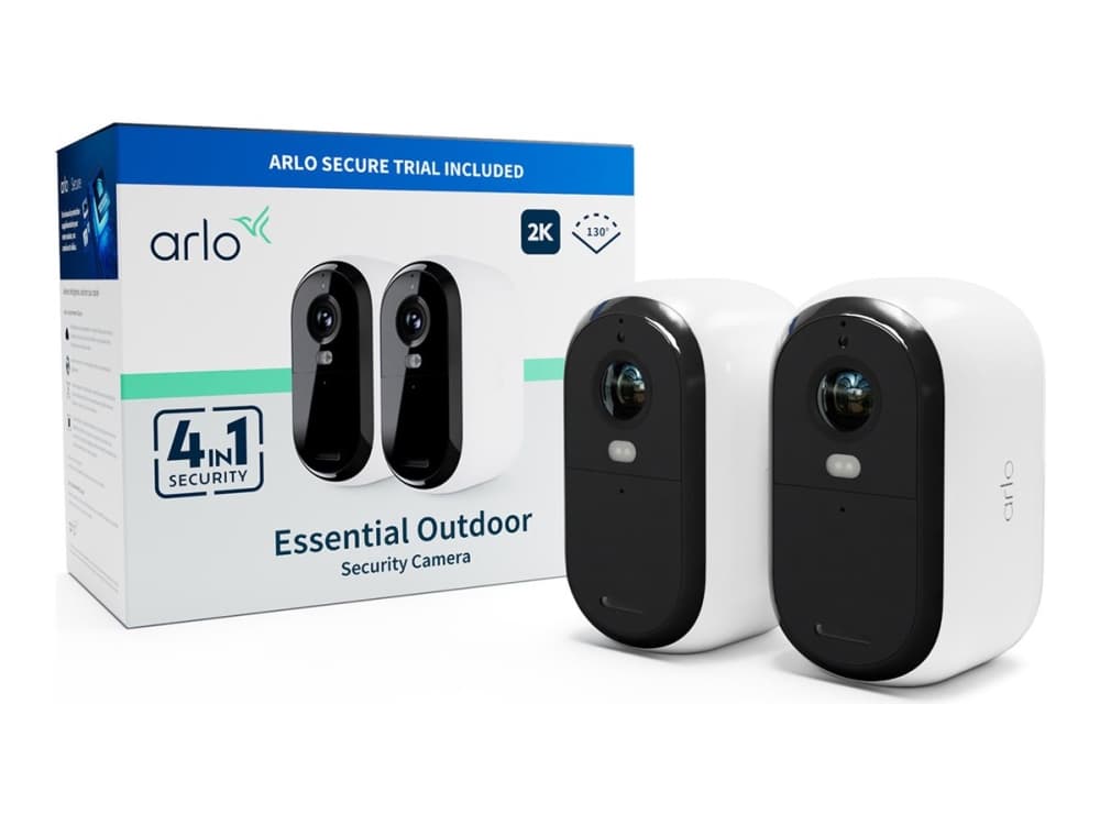 Arlo Essential 2K Ulko-valvontakamera, 2-pack, IP-turvakamera, Sisätila ja ulkotila, Langaton, FCC, CE, IC, EU RoHS, EU REACH, Katto/seinä, musta, Valkoinen