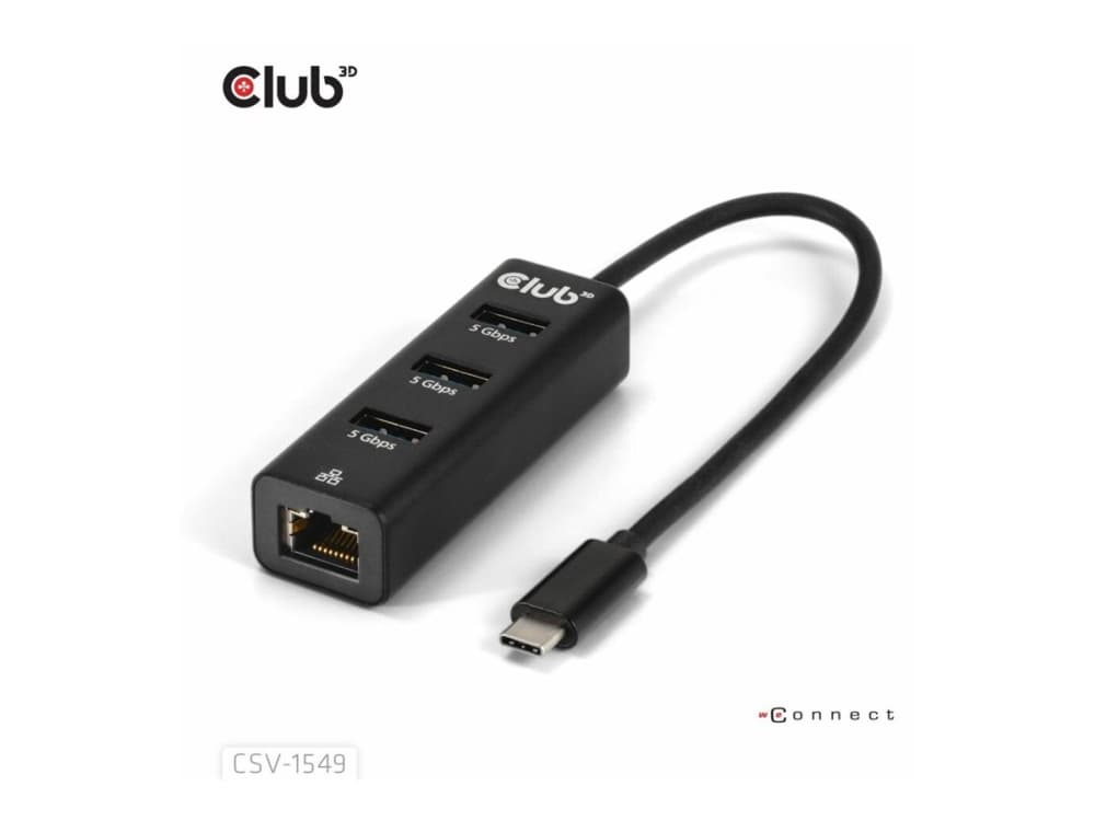 CLUB3D CSV-1549, USB Type-C, RJ-45, USB 3.2 Gen 1 (3.1 Gen 1) Type-A, 5000 Mbit/s, musta, 12 W, Pyöreä kaapeli