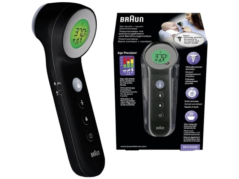 Braun BNT 400 BK, Kaukolämpömittari, Harmaa, Otsa, Painikkeet, °C, Ruumiinlämpötila, Pintalämpötila