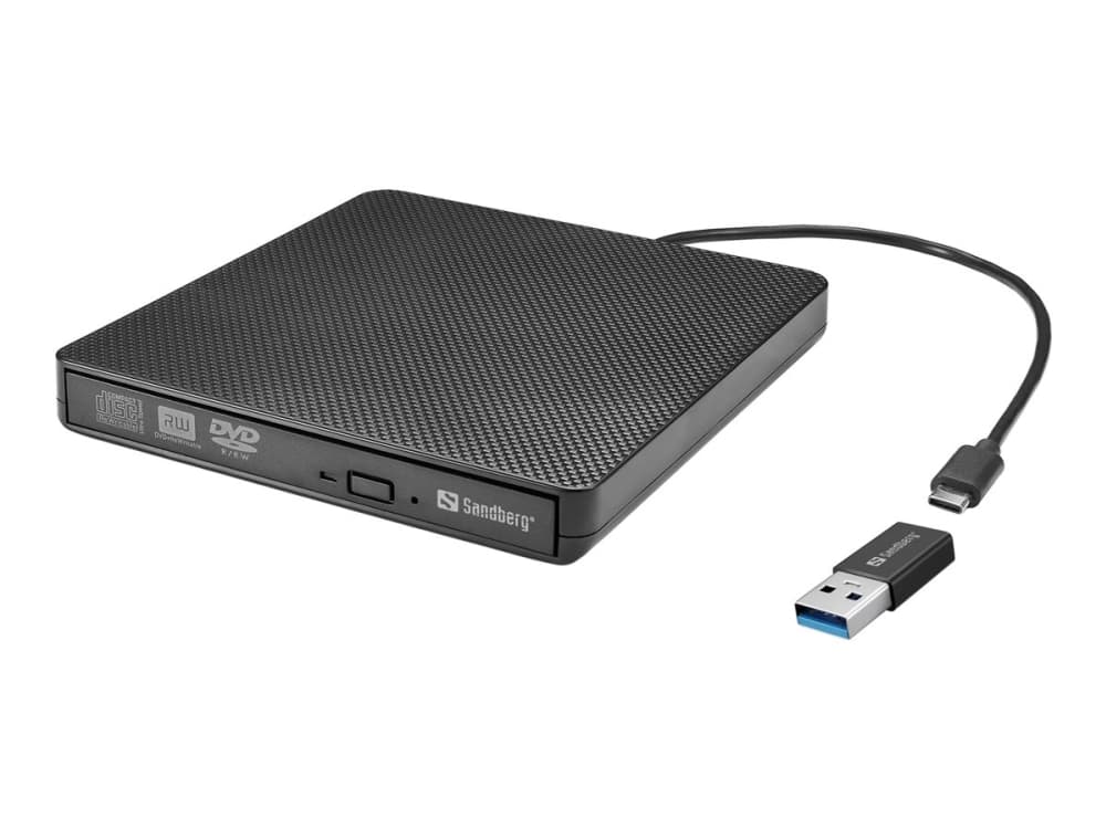 Sandberg USB-C/A DVD-asema, Sort, Bakke, Desktop/Laptop, DVD Super Multi DL, USB Type-C, CD-R, CD-ROM, CD-RW, DVD+R DL, DVD-R, DVD-R DL, DVD-RAM, DVD-RAM, DVD-ROM, DVD-RW
